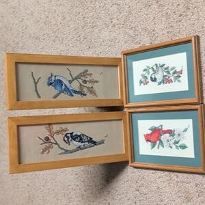 Four-piece Vintage Wooden Framed Needlepoint /Birds